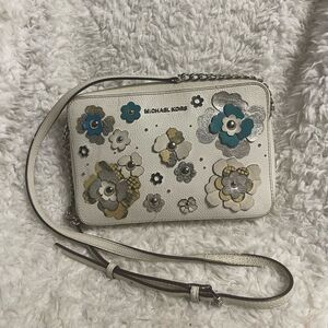 Michael Kors leather off White Floral  appliqué Crossbody Bag.